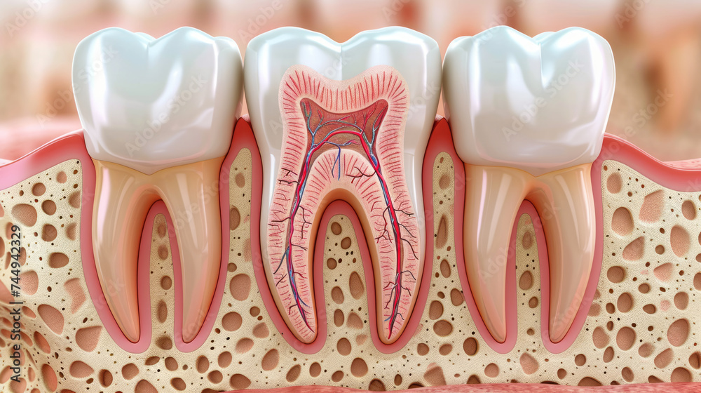 Cross section of a healthy human tooth and surrounding gums, highlighting the complex internal structure including the enamel,generative ai Cross section of a healthy human tooth and surrounding gums, highlighting the complex internal structure including the enamel,generative ai