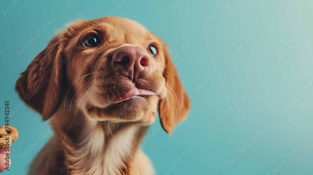A beautiful red young dog or puppy is given a treat for exercise. Portrait, close up. Dog training concept on light green background. generative ai 