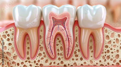 Cross section of a healthy human tooth and surrounding gums, highlighting the complex internal structure including the enamel,generative ai photo