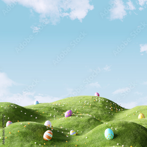 Happy Easter day, colorful eggs and daisy flower on meadow under beautiful sky. 3d rendering