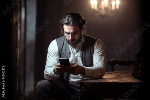 A 35-year-old guy is sitting in the dark room and using his smartphone