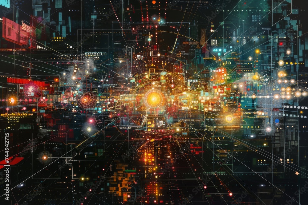 A complex, hyper-detailed artwork depicting a futuristic cityscape, pulsating with digital networks and vibrant urban life