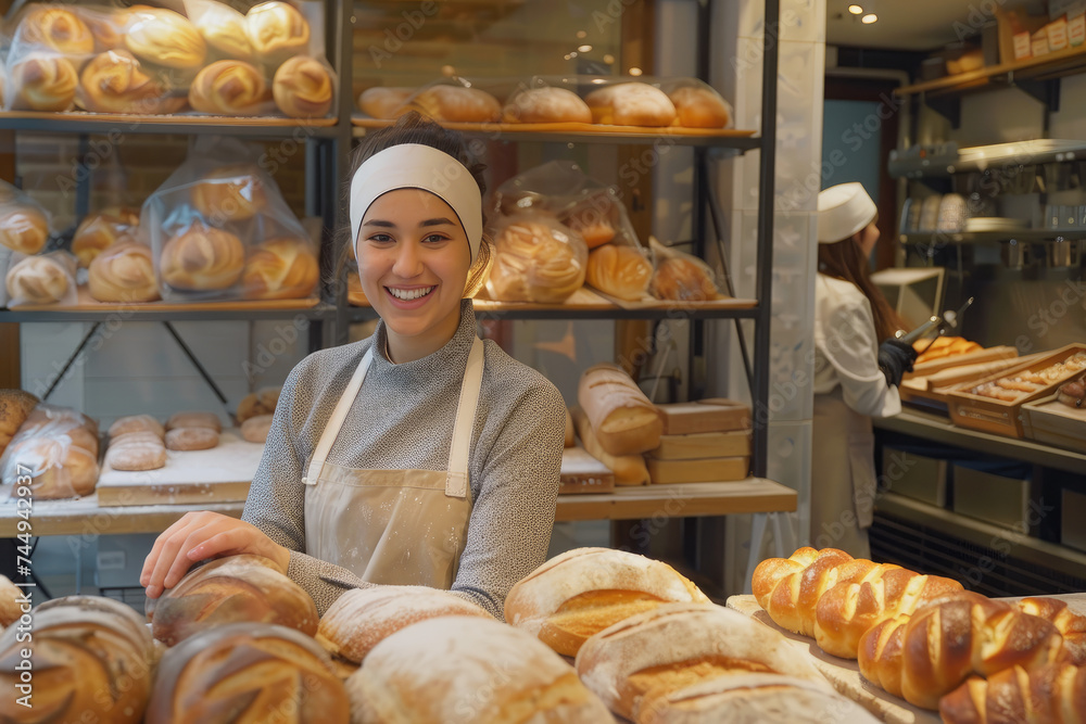 smiling young woman standing with fresh bread at her bakery shop