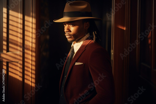 a black young man in a hat with dreadlocks and a brown suit stands against the background of brown doors and looks away, in a ray of sunlight