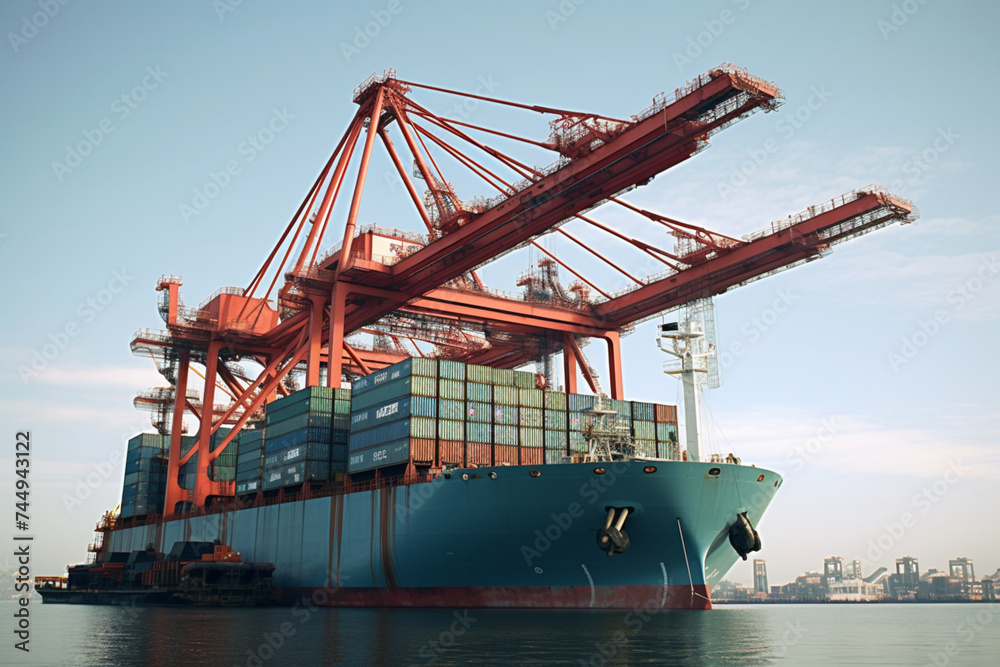 a boat carrying cargo with cranes for lifting up c