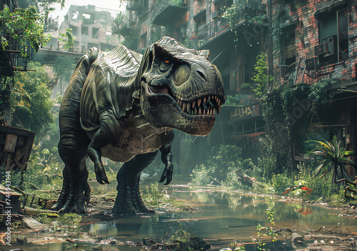 Large Tyrannosaurus Rex dinosaur on the hunt walking by abandoned buildings © Rajko