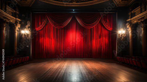 Theater Photography, An empty stage with grand red curtains drawn closed