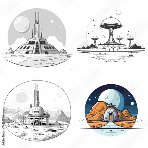 Alien Moon Base (Lunar Extraterrestrial Base). simple minimalist isolated in white background vector illustration
