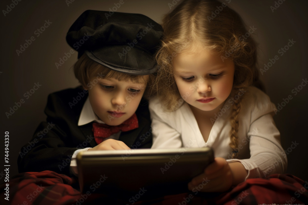 a brother and a sister looking at a tablet a brother and a sister looking at a tablet