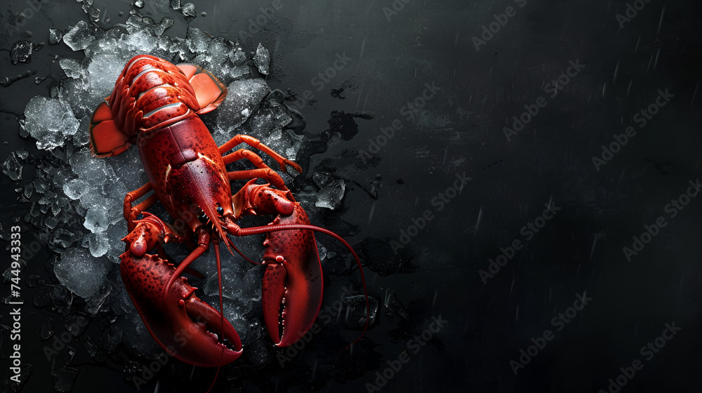 A beautiful red lobster lying on ice and on a black or dark background with space.  generative ai  - obrazy, fototapety, plakaty 