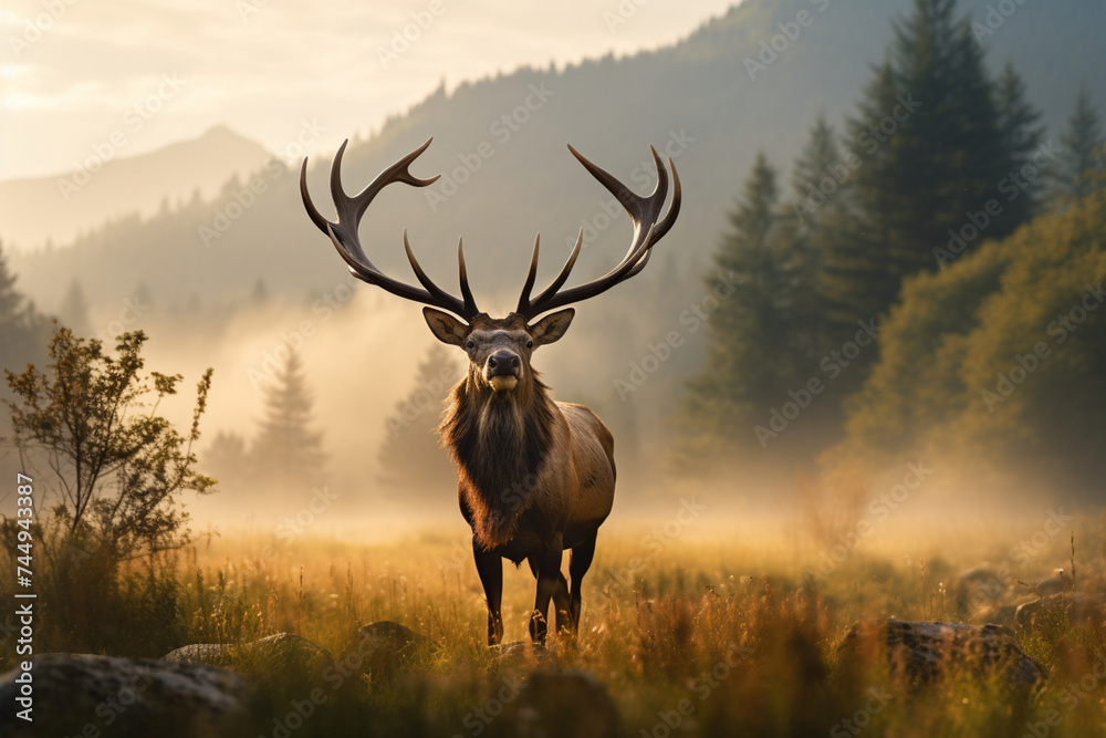 A bull elk bugling in a meadow in the early morning with its breath visible - obrazy, fototapety, plakaty 