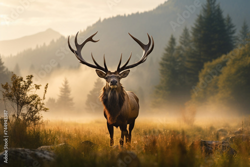 A bull elk bugling in a meadow in the early morning with its breath visible photo