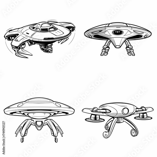 Alien Drone (Unmanned Flying Alien Device). simple minimalist isolated in white background vector illustration