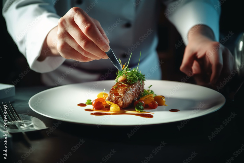 a chef is finishing the preparation of the plate