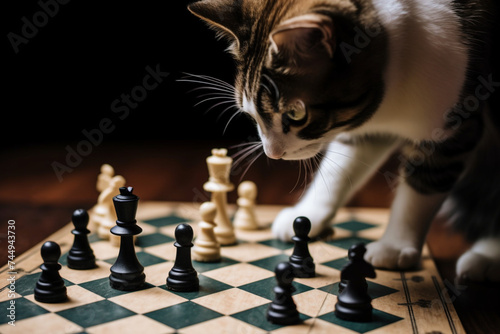 a cat knocks over pieces on a chessboard