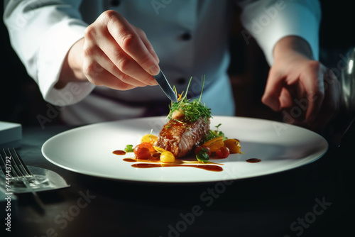 a chef is finishing the preparation of the plate