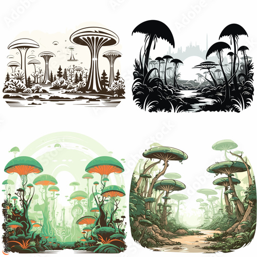 Alien Jungle (Otherworldly Dense Forest). simple minimalist isolated in white background vector illustration