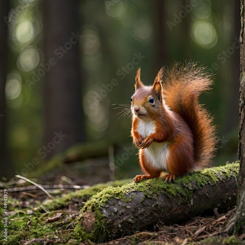 A mirthful rodent of a russet hue is portrayed stationed amongst arboreal surroundings.