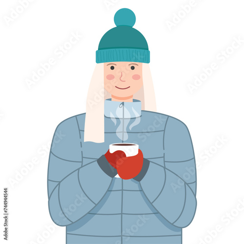 Winter character holding hot drink. Woman wearing puffer jacket, mittens and hat. Flat vector illustration, isolated on white background.