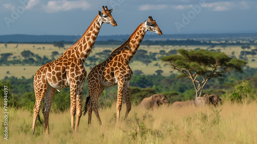 Duas girafas graciosas e uma paisagem exuberante com leões descansando e impalas cautelosos em harmonia selvagem © Alexandre