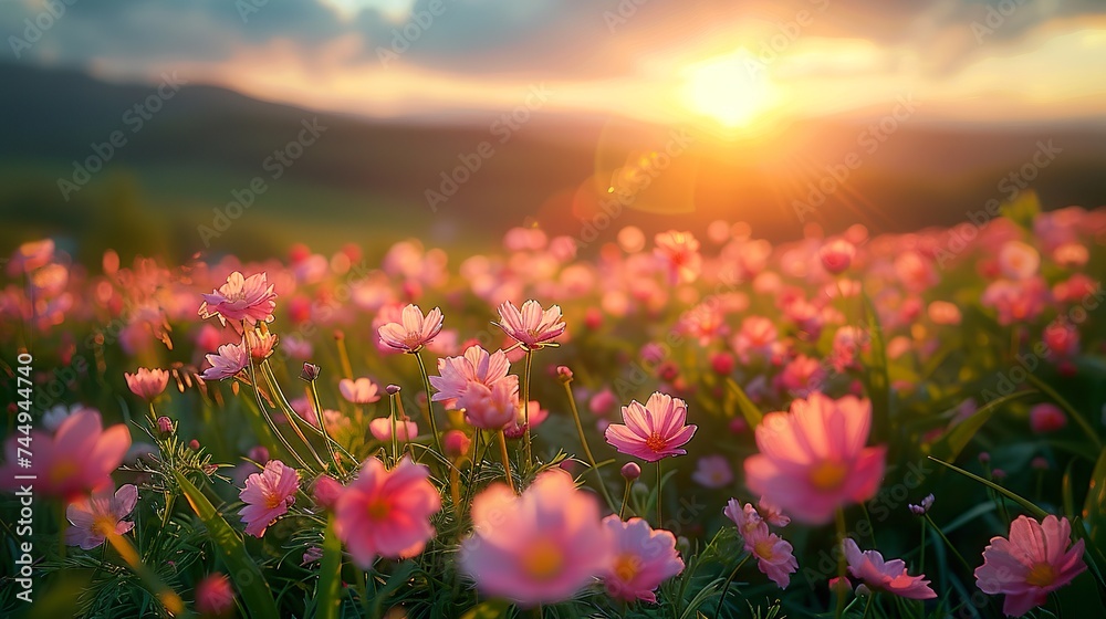 Fototapeta premium Beautiful pink flowers on the meadow in the mountains. Spring landscape