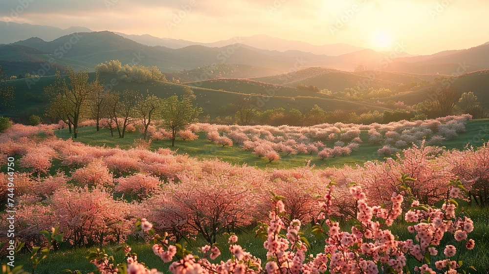 Beautiful spring landscape with pink flowers in the mountains at sunset. Beautiful spring landscape with pink flowers in the mountains at sunset.