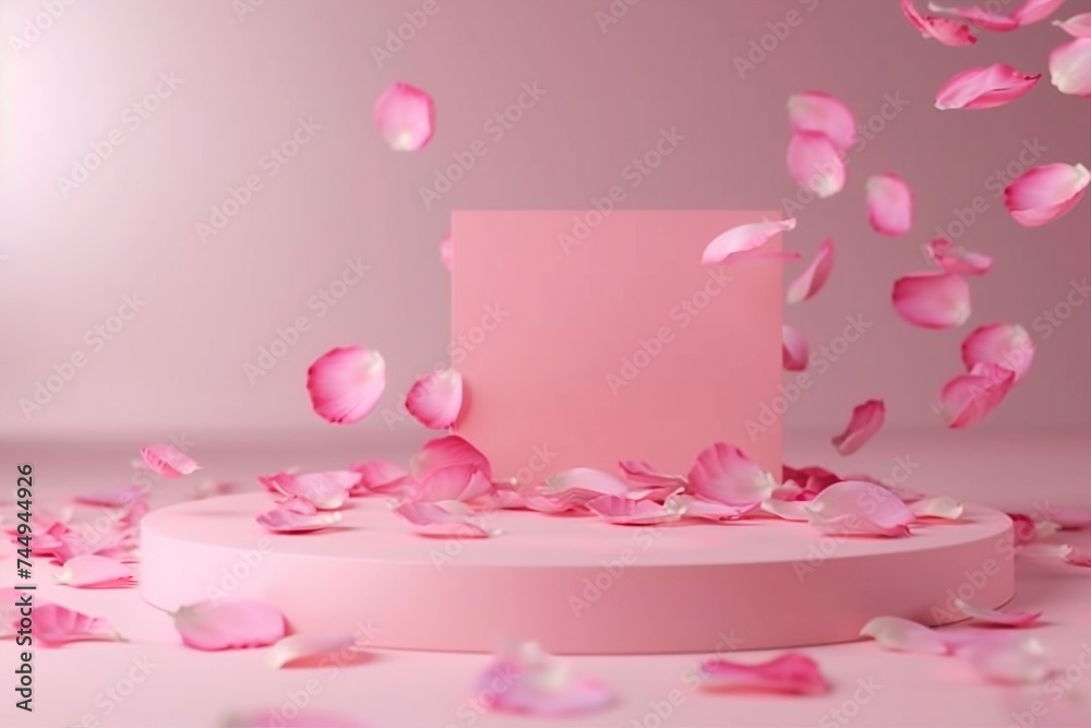 Pink product podium placement on solid background with rose petals falling. Luxury premium beauty, fashion, cosmetic and spa gift stand presentation. Valentine day present showcase. generative ai.