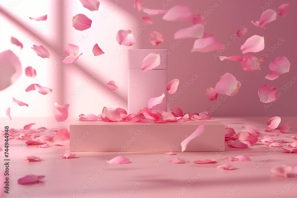 Pink product podium placement on solid background with rose petals falling. Luxury premium beauty, fashion, cosmetic and spa gift stand presentation. Valentine day present showcase. generative ai. Pink product podium placement on solid background with rose petals falling. Luxury premium beauty, fashion, cosmetic and spa gift stand presentation. Valentine day present showcase. generative ai.