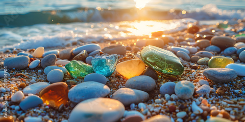 "Coastal Treasures: Colorful Gemstones Beckoning on Sandy Shores"
