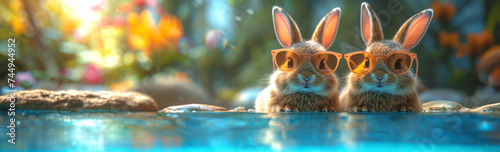 Resting Cute Bunny Rabbits with Sunglasses extreme closeup. Generative AI