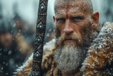 Portrait of a Fierce Old Viking with a Sword extreme closeup. Generative AI.