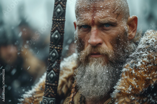 Portrait of a Fierce Old Viking with a Sword extreme closeup. Generative AI. photo