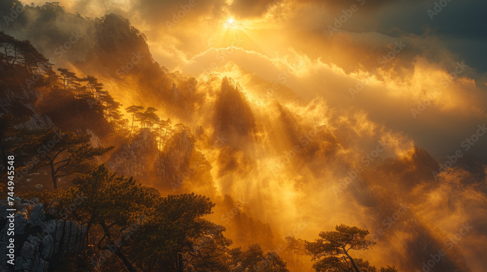 sharp jagged yellow mountains of Huangshan China covered in fog and clouds,generative ai