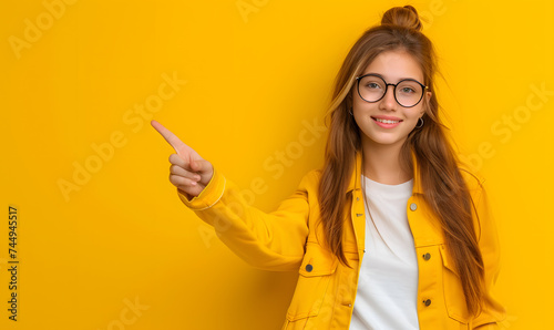 children standing isolated on yellow, looking up, smiling and pointing index finger to right side at blank copyspace background. Happy teen girl showing good discount or interesting idea photo