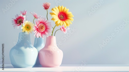 Very beautiful Colorful spring flowers in bright vases, realistic photo, pure white background, solid color fill, simple color scheme © JetHuynh