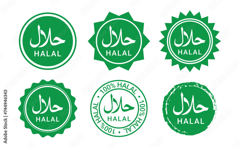 Halal logo design set vector . Halal food embleme . Halal certificate tag vector illustration Halal logo design set vector . Halal food embleme . Halal certificate tag vector illustration