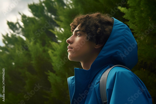 a handsome young man in profile in nature, a teenage boy in a blue puffer jacket & creme hoodie photographed as he looks out into the distance from his vantage point in amongst natural green foliage