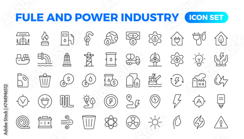 Oil and gas - thin line web icon set. Energy & Industry icon set. Industrial icons. Energy icon collection. Line icons collection. renewable energy, alternative sources of energy. Outline icon set.