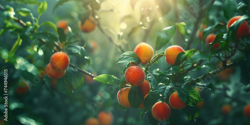Oranges on a tree with the sun shine background