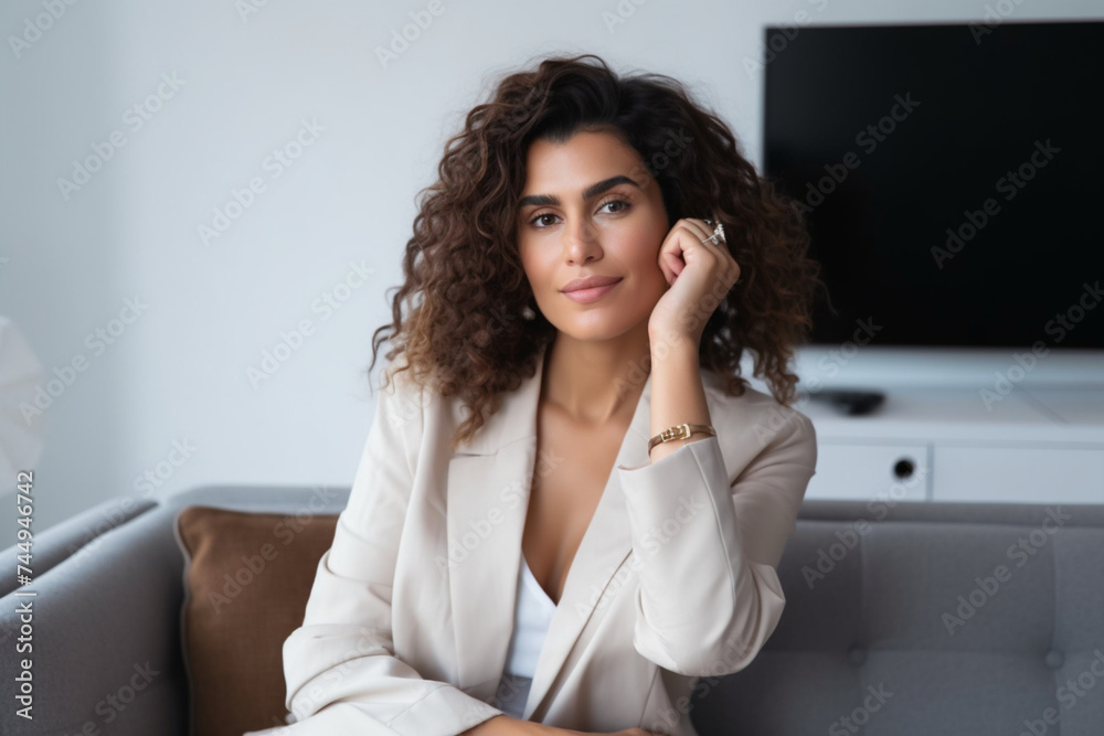 A Happy Beautiful Businesswoman Looking At Camera While Relaxing At Home A Happy Beautiful Businesswoman Looking At Camera While Relaxing At Home