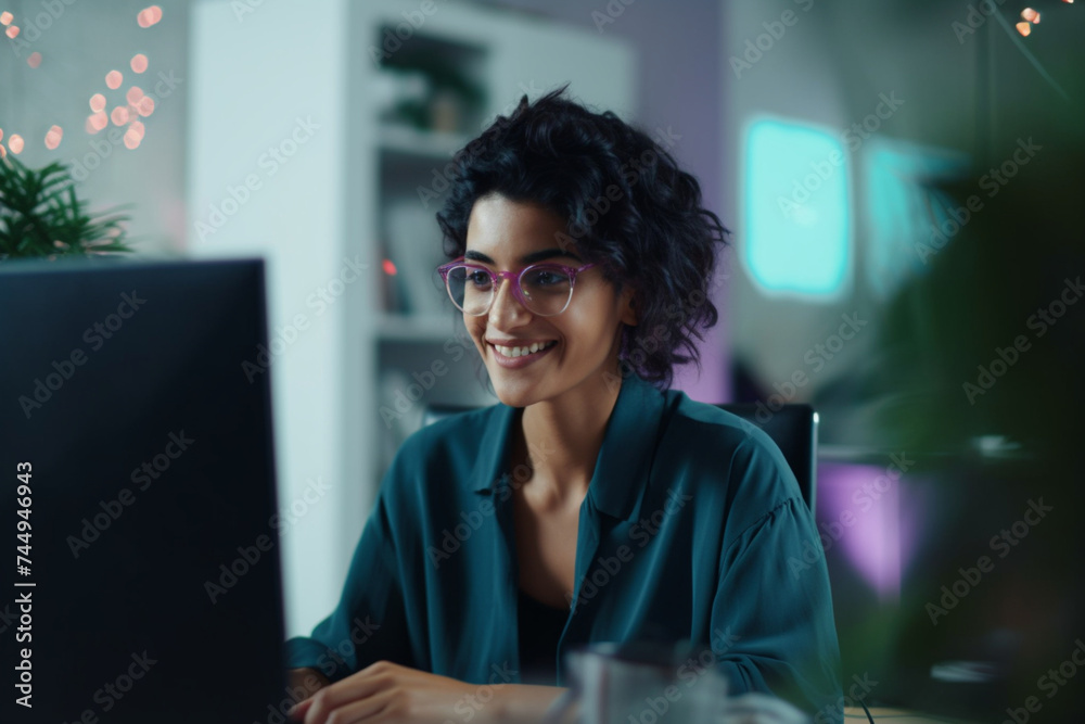 A Happy Businesswoman Working From Home On Her Computer