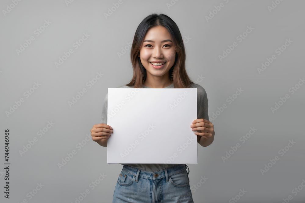Smiling Young asian woman showing and holding blank white billboard