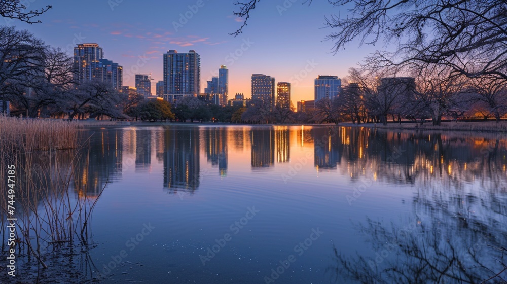 A serene skyline fading into the hues of twilight, mirrored perfectly in the still waters of a pond, surrounded by trees casting long shadows