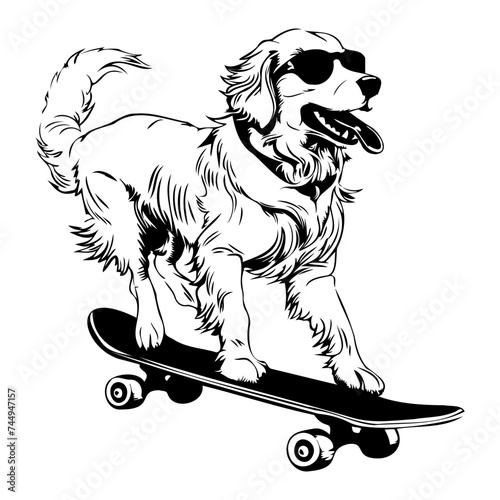 golden retriever dog playing Skateboard with sunglasses