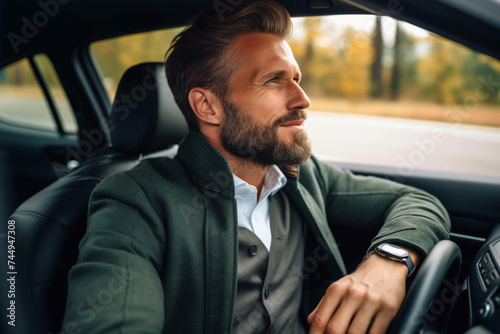 A Happy Handsome Businessman Looking Away While Driving His Car