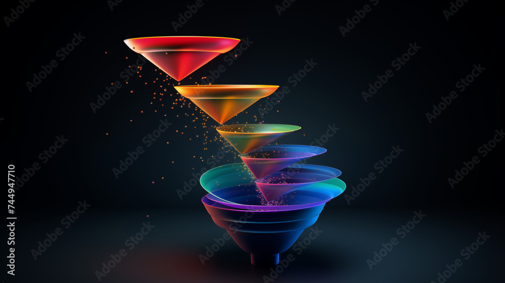Colorful 3d model funnel flow, 5 layers, levitating, on dark blue background - obrazy, fototapety, plakaty 