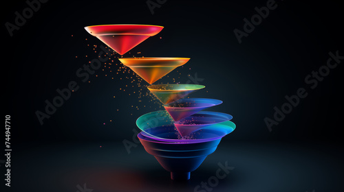 Colorful 3d model funnel flow, 5 layers, levitating, on dark blue background photo