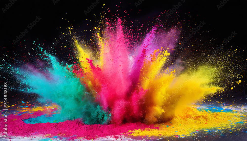 Colorful Holi powder explosion on black background, Generative AI, Generative, AI
