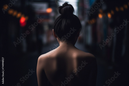 a Japanese young woman from behind tilted her head forward, the woman's hair was gathered in a bun on her head