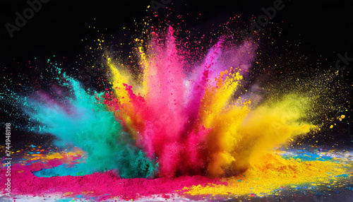 Colorful Holi powder explosion on black background, Generative AI, Generative, AI
